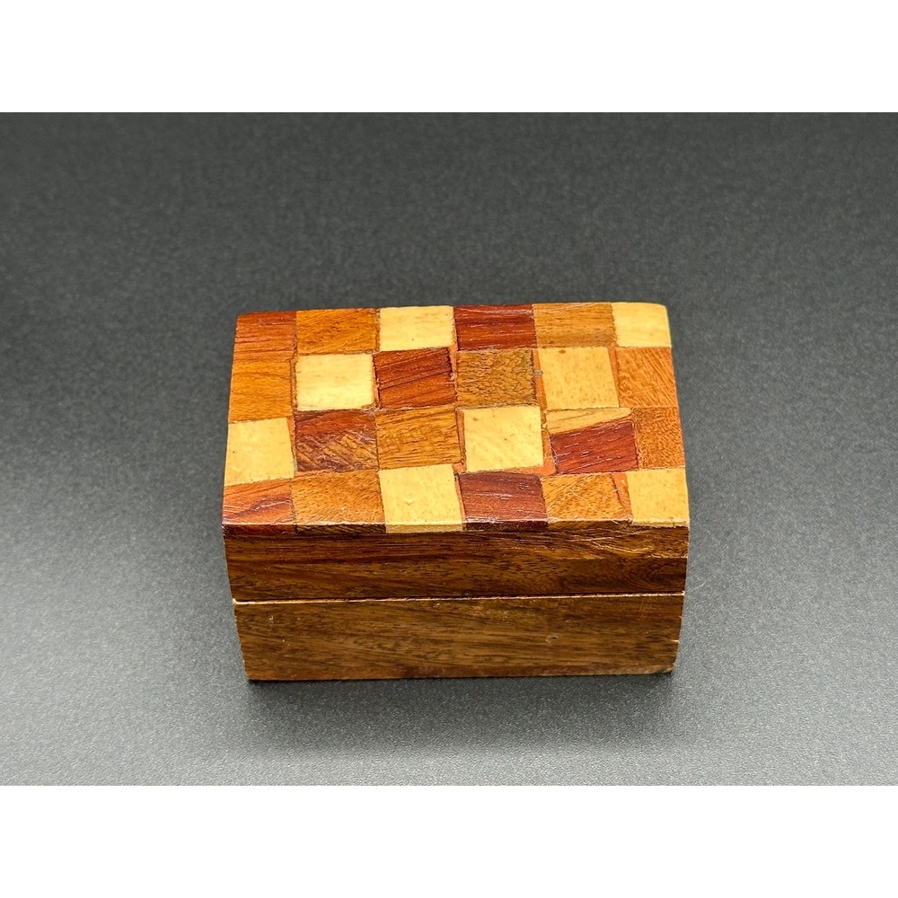 Handmade Wooden Trinket Box Checkered Parquetry Lid Small Vintage Jewelry Case